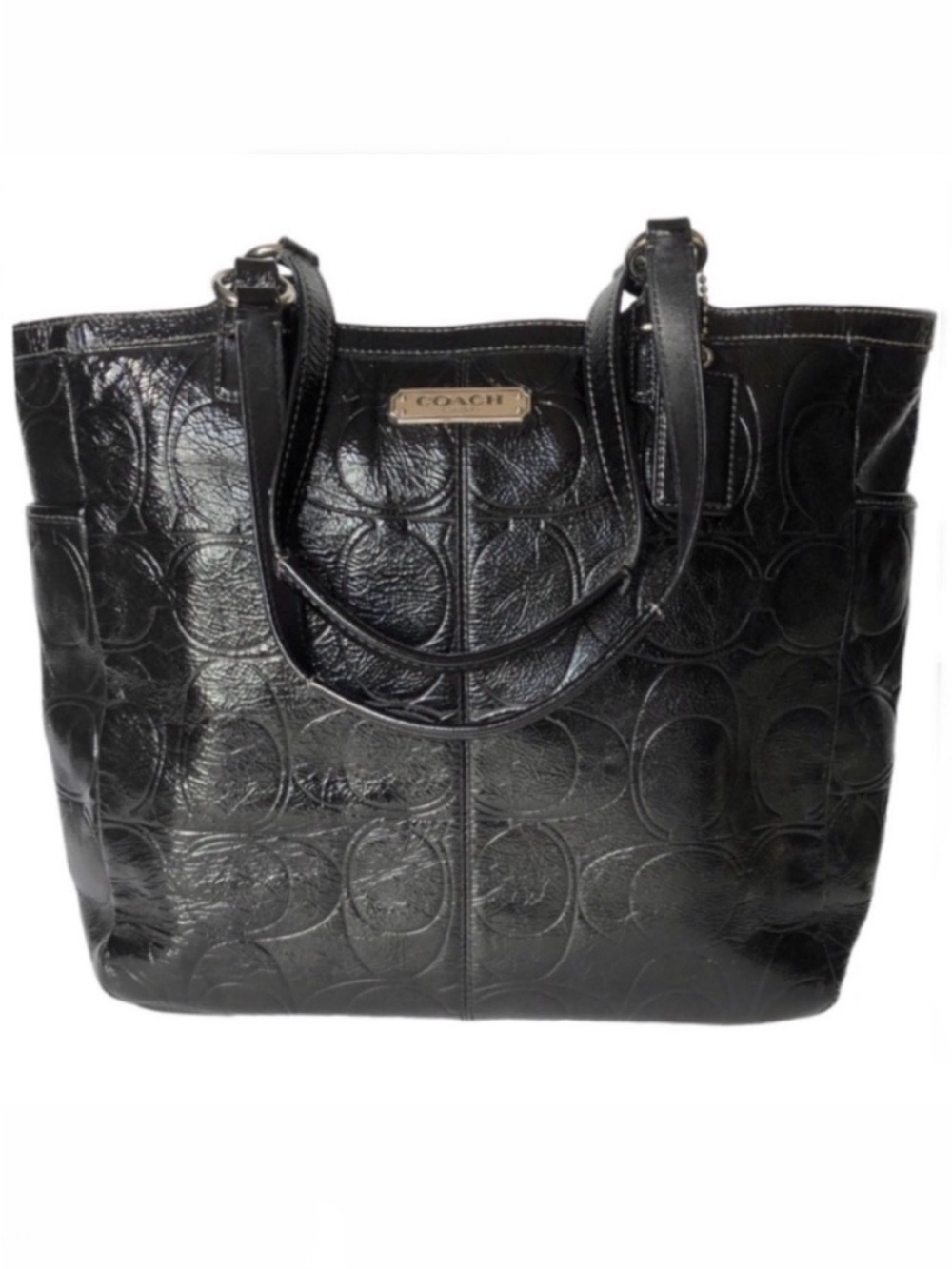 Coach Gallery Black Signature Embossed Patent Leather North/South  Tote F19818